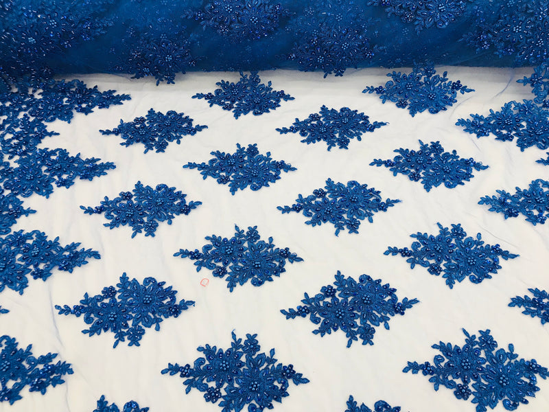 Royal Blue - Hand Beaded Embroidered Flower Pattern Bridal Wedding Lace Fabric Sold by The Yard