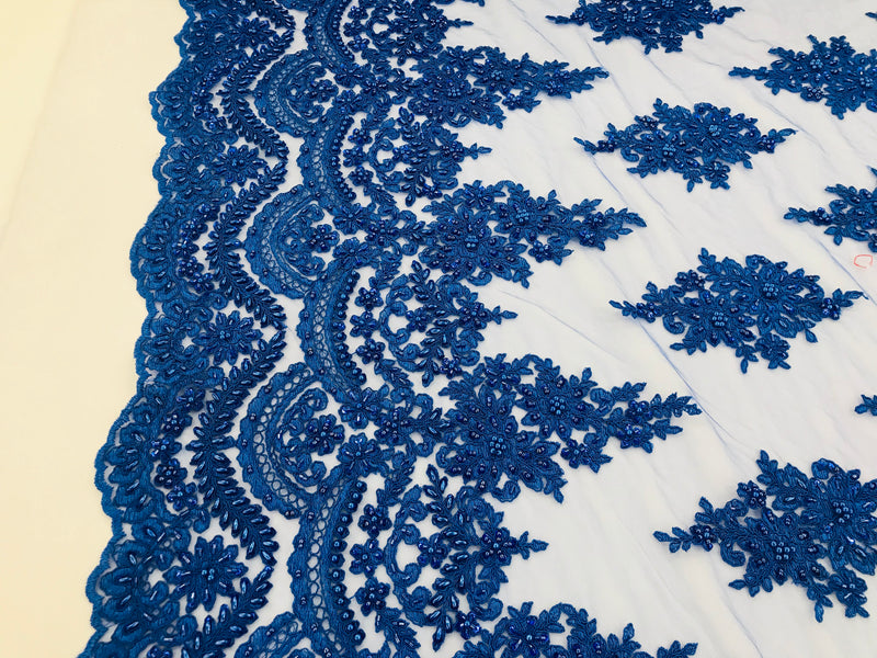 Royal Blue - Hand Beaded Embroidered Flower Pattern Bridal Wedding Lace Fabric Sold by The Yard