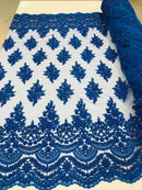 Royal Blue - Hand Beaded Embroidered Flower Pattern Bridal Wedding Lace Fabric Sold by The Yard