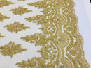 Gold - Hand Beaded Embroidered Flower Pattern Bridal Wedding Lace Fabric Sold by The Yard