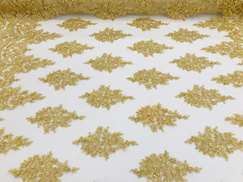 Gold - Hand Beaded Embroidered Flower Pattern Bridal Wedding Lace Fabric Sold by The Yard