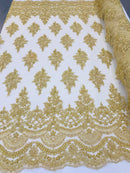 Gold - Hand Beaded Embroidered Flower Pattern Bridal Wedding Lace Fabric Sold by The Yard
