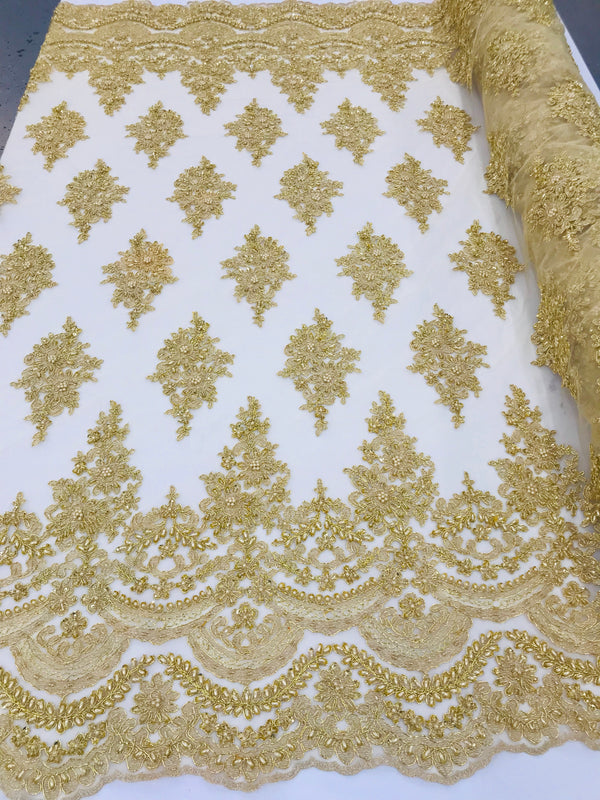 Gold - Hand Beaded Embroidered Flower Pattern Bridal Wedding Lace Fabric Sample