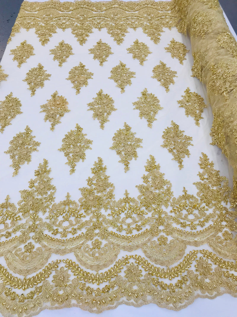Gold - Hand Beaded Embroidered Flower Pattern Bridal Wedding Lace Fabric Sold by The Yard