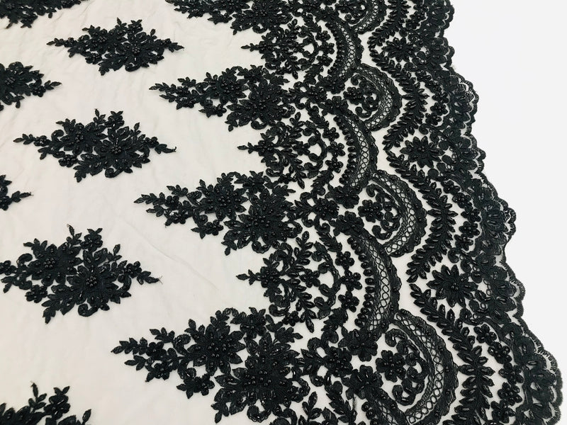 Black - Hand Beaded Embroidered Flower Pattern Bridal Wedding Lace Fabric Sold by The Yard