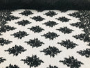 Black - Hand Beaded Embroidered Flower Pattern Bridal Wedding Lace Fabric Sold by The Yard