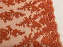 Orange -  Floral Hand Beaded Embroidered Pattern Bridal Lace Wedding Fabric Sold by The Yard