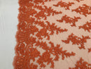 Orange -  Floral Hand Beaded Embroidered Pattern Bridal Lace Wedding Fabric Sold by The Yard