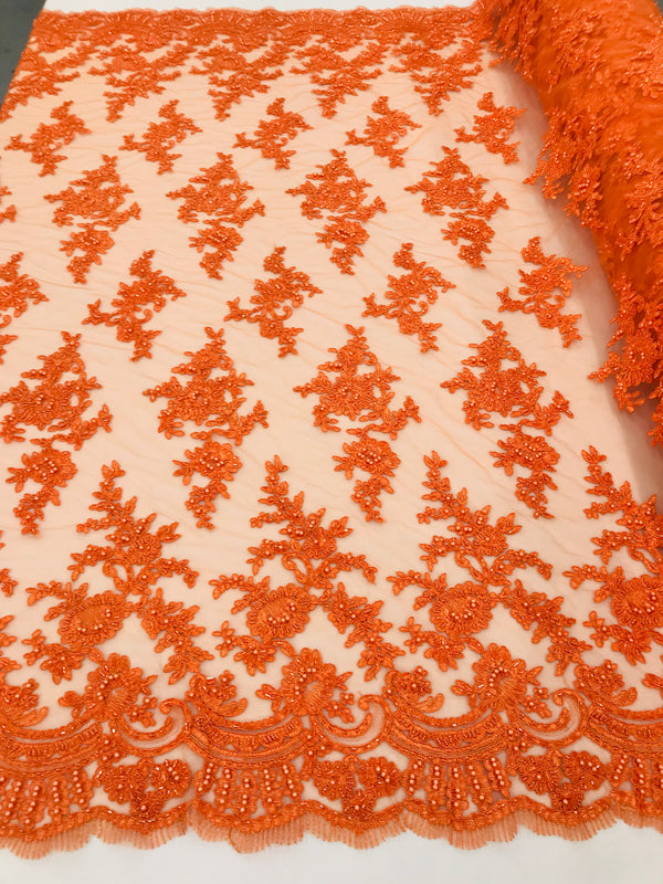 Orange -  Floral Hand Beaded Embroidered Pattern Bridal Lace Wedding Fabric Sold by The Yard