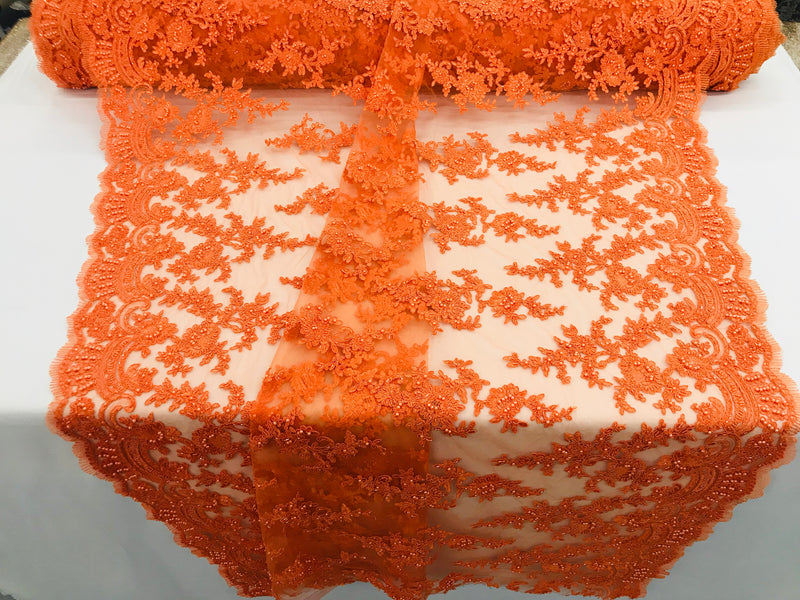 Orange -  Floral Hand Beaded Embroidered Pattern Bridal Lace Wedding Fabric Sold by The Yard
