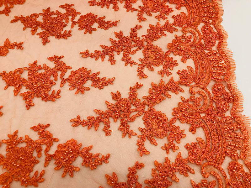 Orange -  Floral Hand Beaded Embroidered Pattern Bridal Lace Wedding Fabric Sold by The Yard