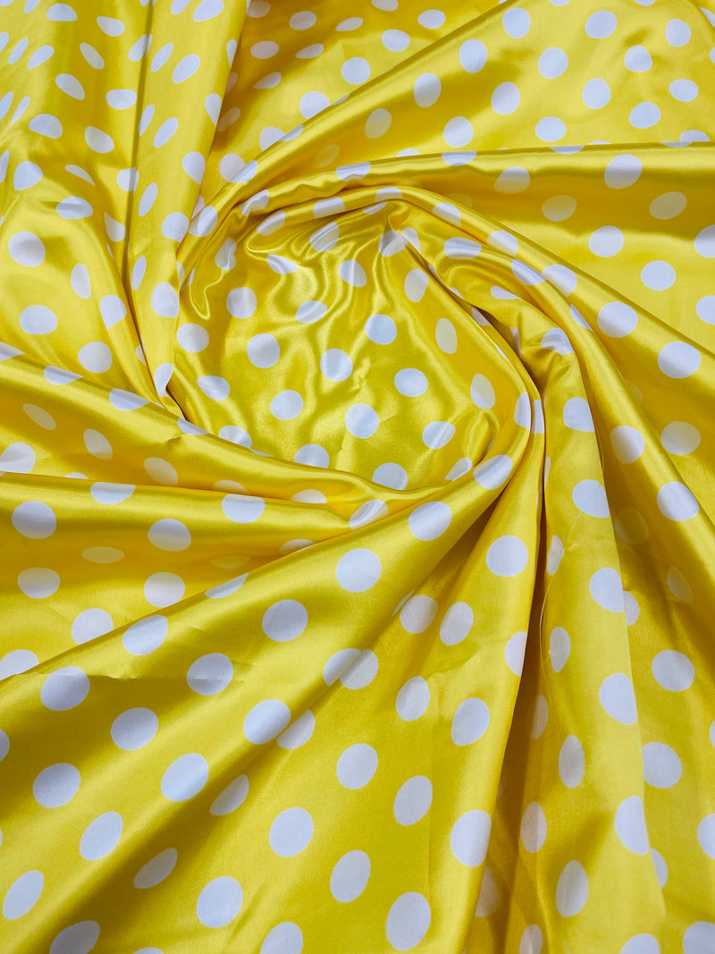 Polka Dot Satin Fabric - White on Yellow - 3/4" Super Soft Silky Satin Polka Dot Fabric Sold By Yard