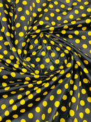 Polka Dot Satin Fabric - Yellow on Black - 3/4" Inch Super Soft Silky Satin Polka Dot Fabric Sold By Yard