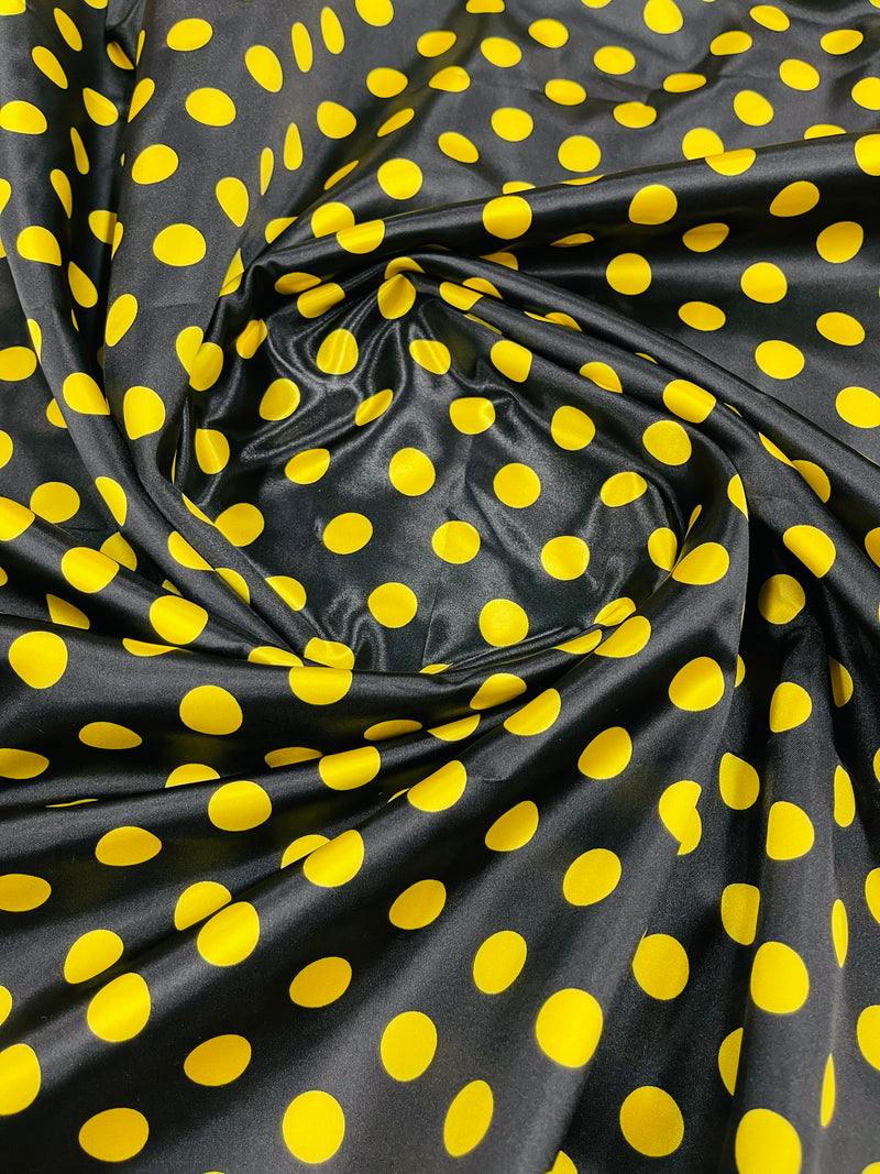 Polka Dot Satin Fabric - Yellow on Black - 3/4" Inch Super Soft Silky Satin Polka Dot Fabric Sold By Yard