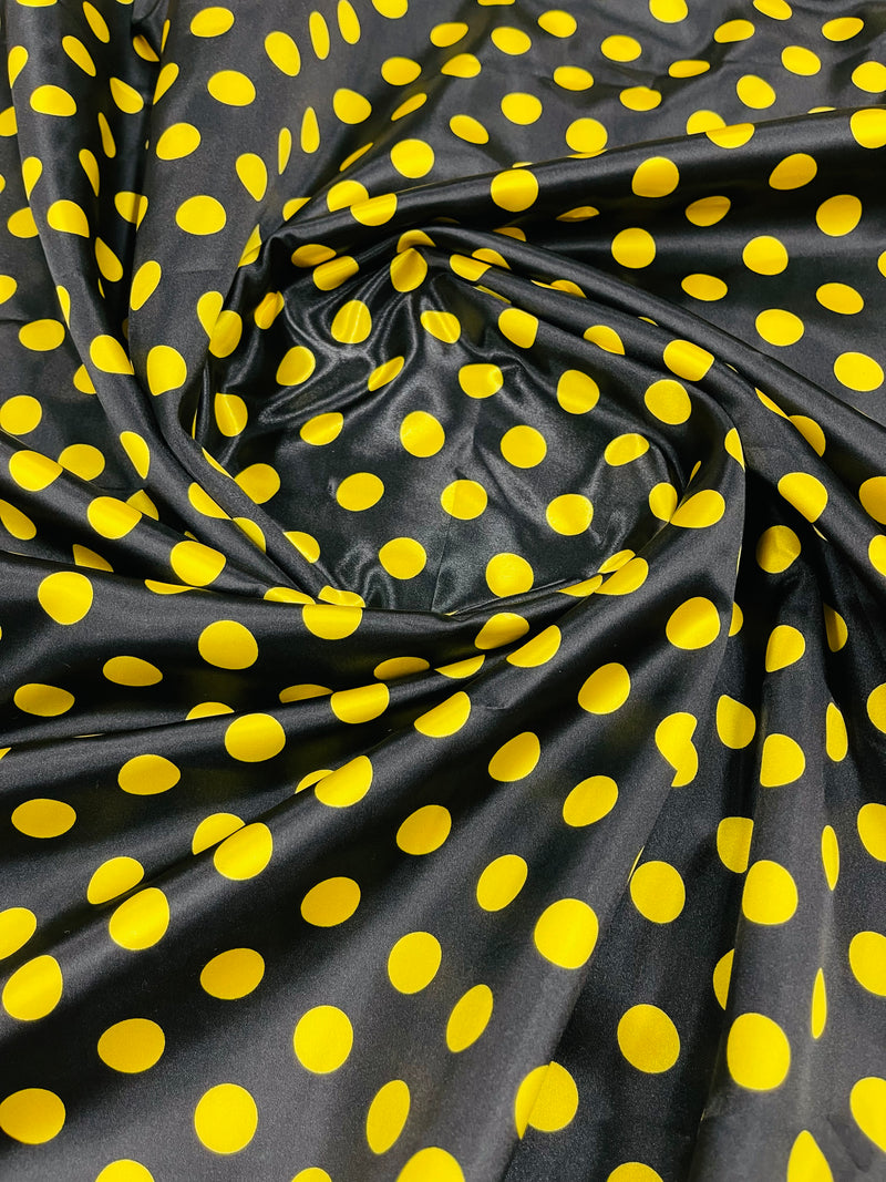 Polka Dot Satin Fabric - Yellow on Black - 3/4" Inch Super Soft Silky Satin Polka Dot Fabric Sold By Yard