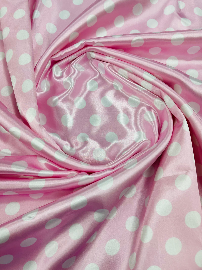 Polka Dot Satin Fabric - White on Pink - 3/4" Inch Super Soft Silky Satin Polka Dot Fabric Sold By Yard