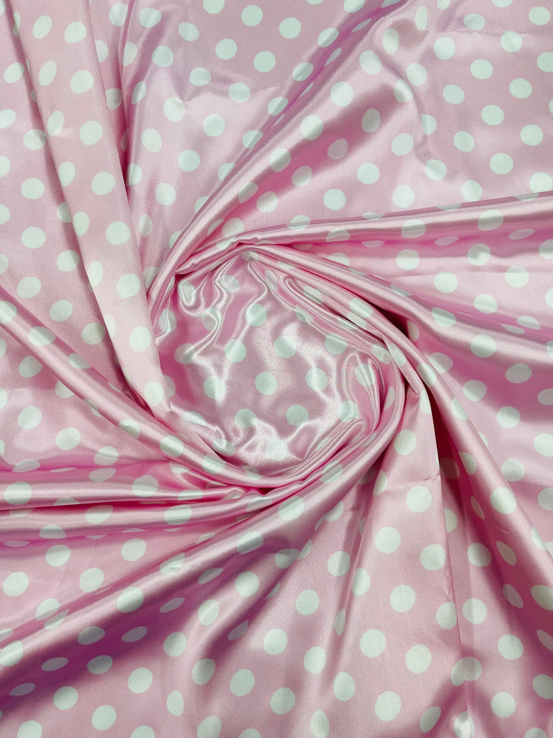 Polka Dot Satin Fabric - White on Pink - 3/4" Inch Super Soft Silky Satin Polka Dot Fabric Sold By Yard