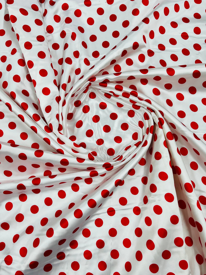 Polka Dot Satin Fabric - Red on White - 3/4" Inch Super Soft Silky Satin Polka Dot Fabric Sold By Yard