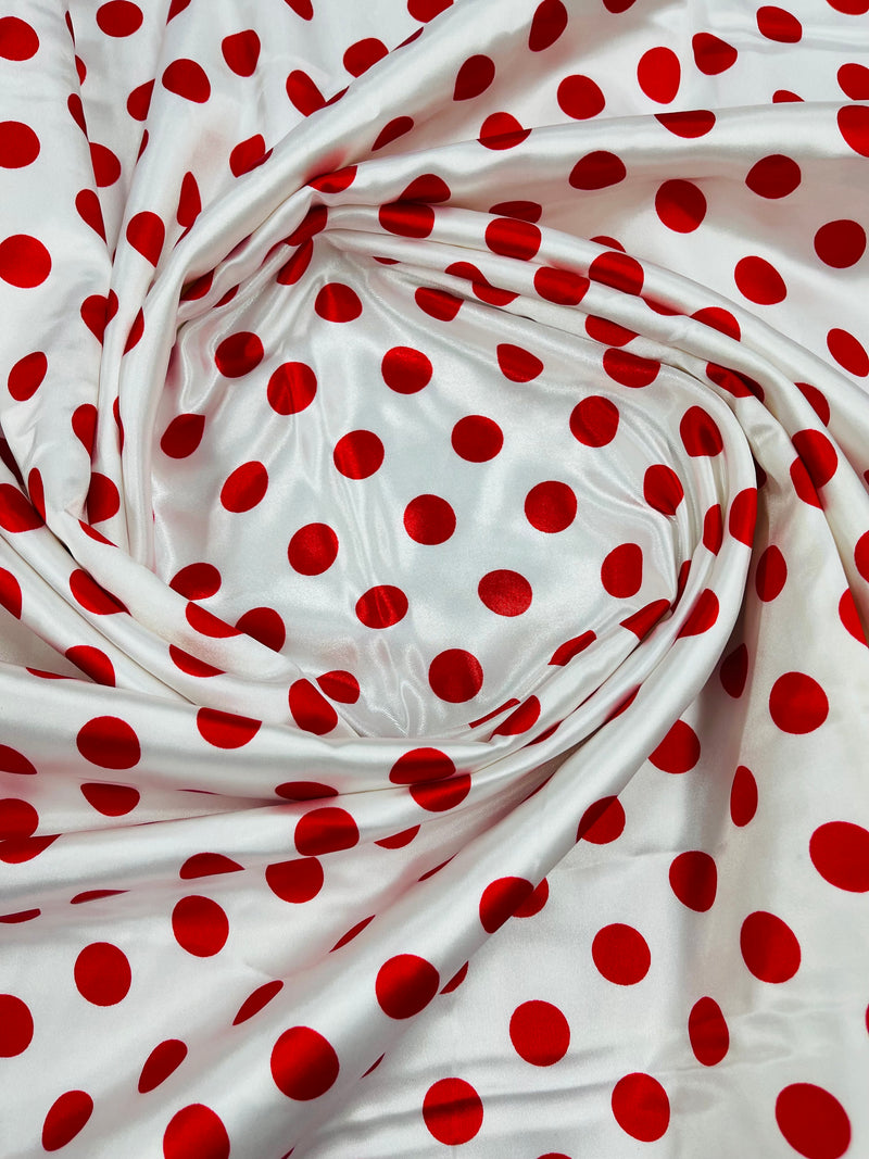 Polka Dot Satin Fabric - Red on White - 3/4" Inch Super Soft Silky Satin Polka Dot Fabric Sold By Yard