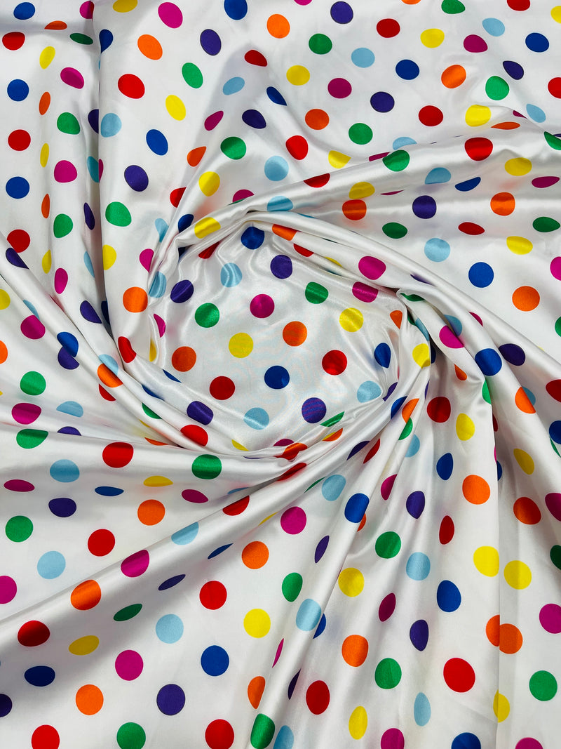 Polka Dot Satin Fabric - Multi-Color on White - 3/4" Inch Super Soft Silky Satin Polka Dot Fabric Sold By Yard