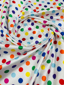 Polka Dot Satin Fabric - Multi-Color on White - 3/4" Inch Super Soft Silky Satin Polka Dot Fabric Sold By Yard
