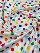 Polka Dot Satin Fabric - Multi-Color on White - 3/4" Inch Super Soft Silky Satin Polka Dot Fabric Sold By Yard