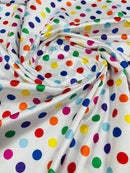 Polka Dot Satin Fabric - Multi-Color on White - 3/4" Inch Super Soft Silky Satin Polka Dot Fabric Sold By Yard