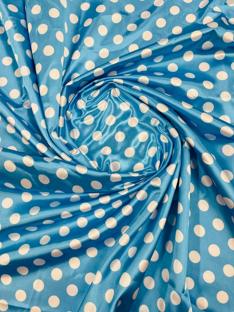 Polka Dot Satin Fabric - White on Baby Blue - 3/4" Inch Super Soft Silky Satin Polka Dot Fabric Sold By Yard