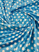 Polka Dot Satin Fabric - White on Baby Blue - 3/4" Inch Super Soft Silky Satin Polka Dot Fabric Sold By Yard