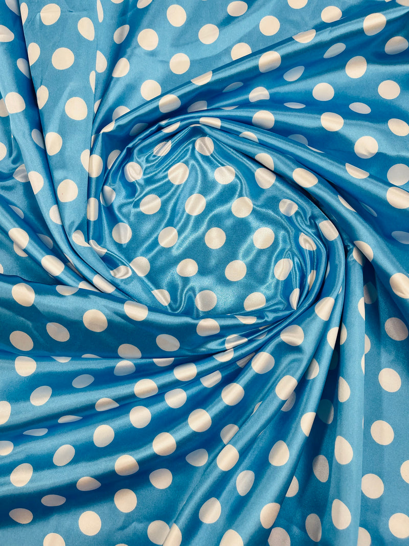 Polka Dot Satin Fabric - White on Baby Blue - 3/4" Inch Super Soft Silky Satin Polka Dot Fabric Sold By Yard