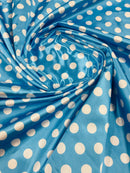 Polka Dot Satin Fabric - White on Baby Blue - 3/4" Inch Super Soft Silky Satin Polka Dot Fabric Sold By Yard