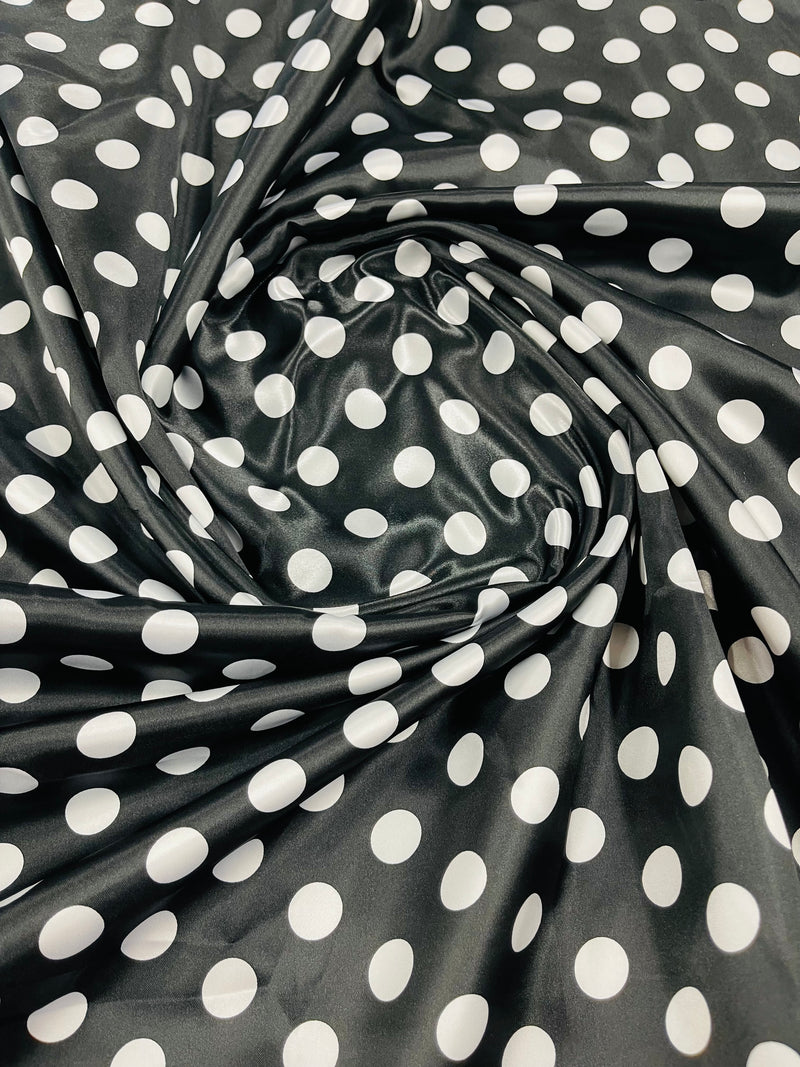 Polka Dot Satin Fabric - White on Black - 3/4" Inch Super Soft Silky Satin Polka Dot Fabric Sold By Yard