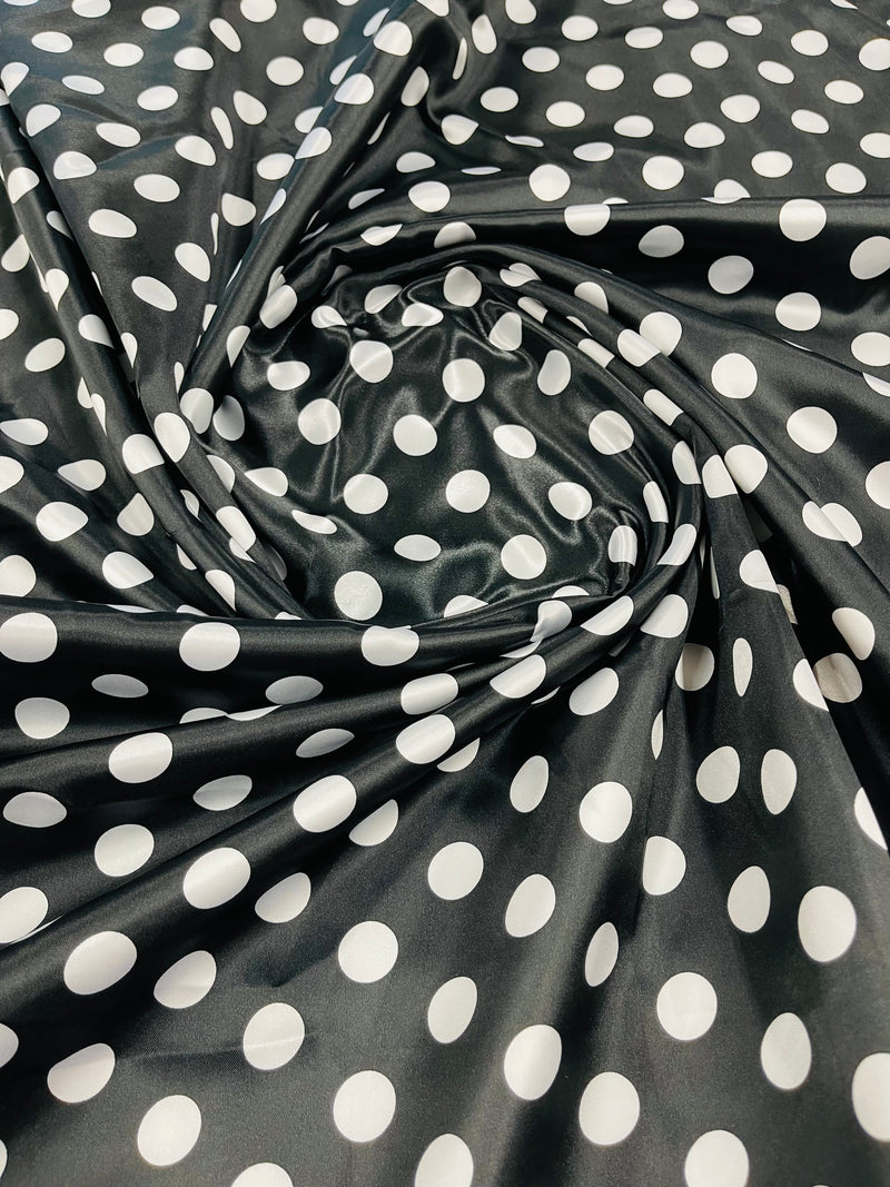 Polka Dot Satin Fabric - White on Black - 3/4" Inch Super Soft Silky Satin Polka Dot Fabric Sold By Yard