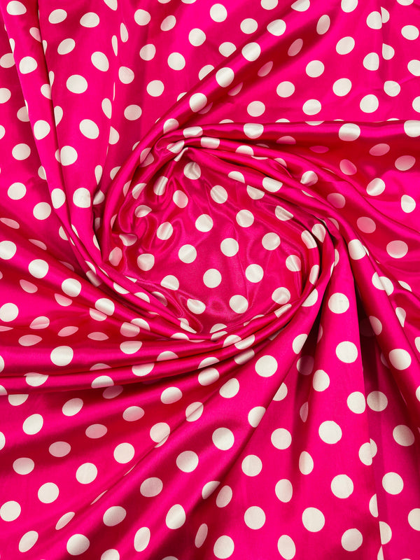 Polka Dot Satin Fabric - White on Hot Pink - 3/4" Inch Super Soft Silky Satin Polka Dot Fabric Sold By Yard