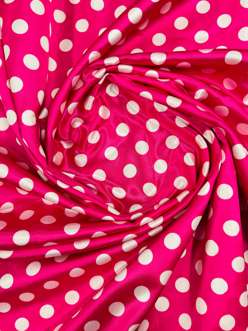 Polka Dot Satin Fabric - White on Hot Pink - 3/4" Inch Super Soft Silky Satin Polka Dot Fabric Sold By Yard