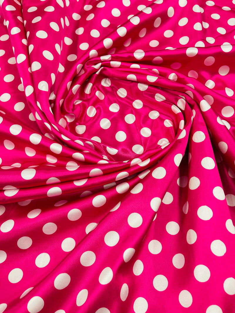 Polka Dot Satin Fabric - White on Hot Pink - 3/4" Inch Super Soft Silky Satin Polka Dot Fabric Sold By Yard