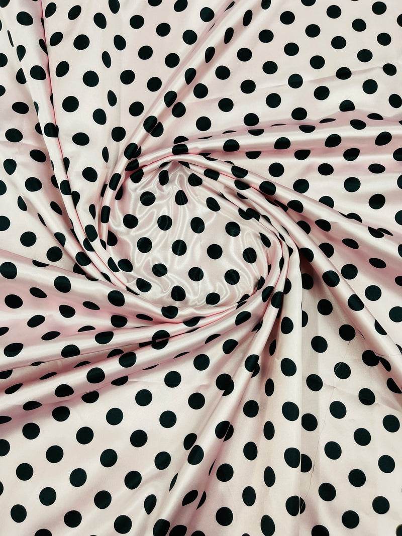 Polka Dot Satin Fabric - Black on Pink - 3/4" Inch Super Soft Silky Satin Polka Dot Fabric Sold By Yard