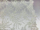 Beaded -Ivory- Fancy Flower Design Sequins Fabric with Beads Sold By The Yard