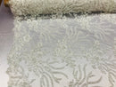 Beaded -Ivory- Fancy Flower Design Sequins Fabric with Beads Sold By The Yard