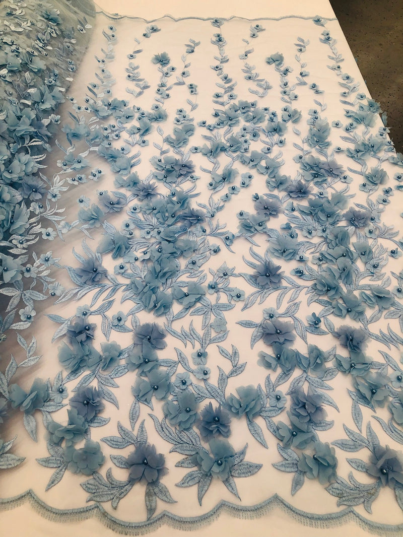 Flower 3D Fabric - Baby Blue - Embroided Fabric Flower Pearls and Leaf Decor Sold by The Yard