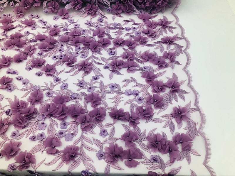 Flower 3D Fabric - Lilac - Embroided Fabric Flower Pearls and Leaf Decor Sold by The Yard