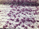 Flower 3D Fabric - Lilac - Embroided Fabric Flower Pearls and Leaf Decor Sold by The Yard