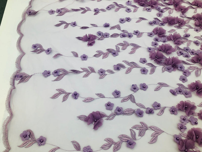 Flower 3D Fabric - Lilac - Embroided Fabric Flower Pearls and Leaf Decor Sold by The Yard