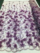 Flower 3D Fabric - Lilac - Embroided Fabric Flower Pearls and Leaf Decor Sold by The Yard