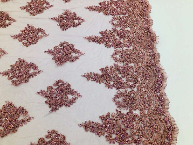Beaded Fabric By The Yard Dk Rose Embroidered Pattern Beaded On A Mesh For Bridal Veil Wedding