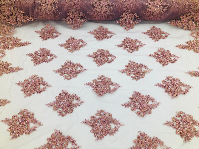 Beaded Fabric By The Yard Dk Rose Embroidered Pattern Beaded On A Mesh For Bridal Veil Wedding