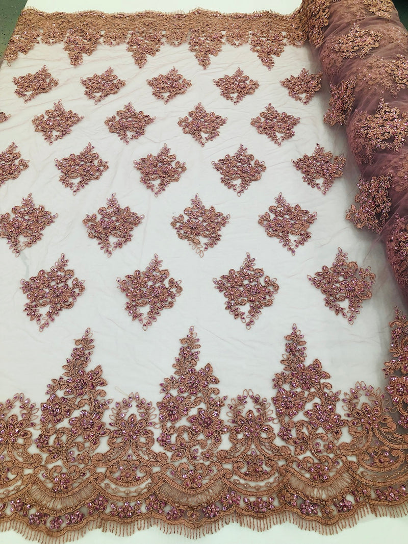 Beaded Fabric By The Yard Dk Rose Embroidered Pattern Beaded On A Mesh For Bridal Veil Wedding