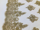 Beaded Fabric By The Yard CHAMPAGNE Embroidered Pattern Beaded On A Mesh For Bridal Veil Wedding