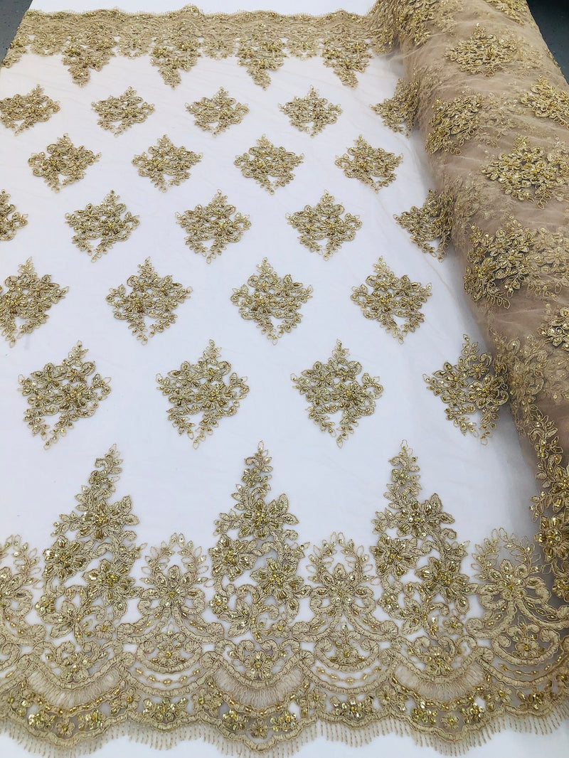 Beaded Fabric By The Yard CHAMPAGNE Embroidered Pattern Beaded On A Mesh For Bridal Veil Wedding