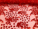 Red - Mini 3D Flower Embroidered Mesh Sequins And Beaded Fabric Sold By The Yard
